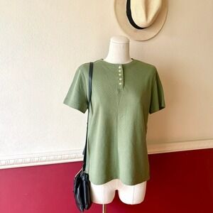 Vintage 90s Classic Elements Sage Green Textured Henley Top Petite M Crew Neck